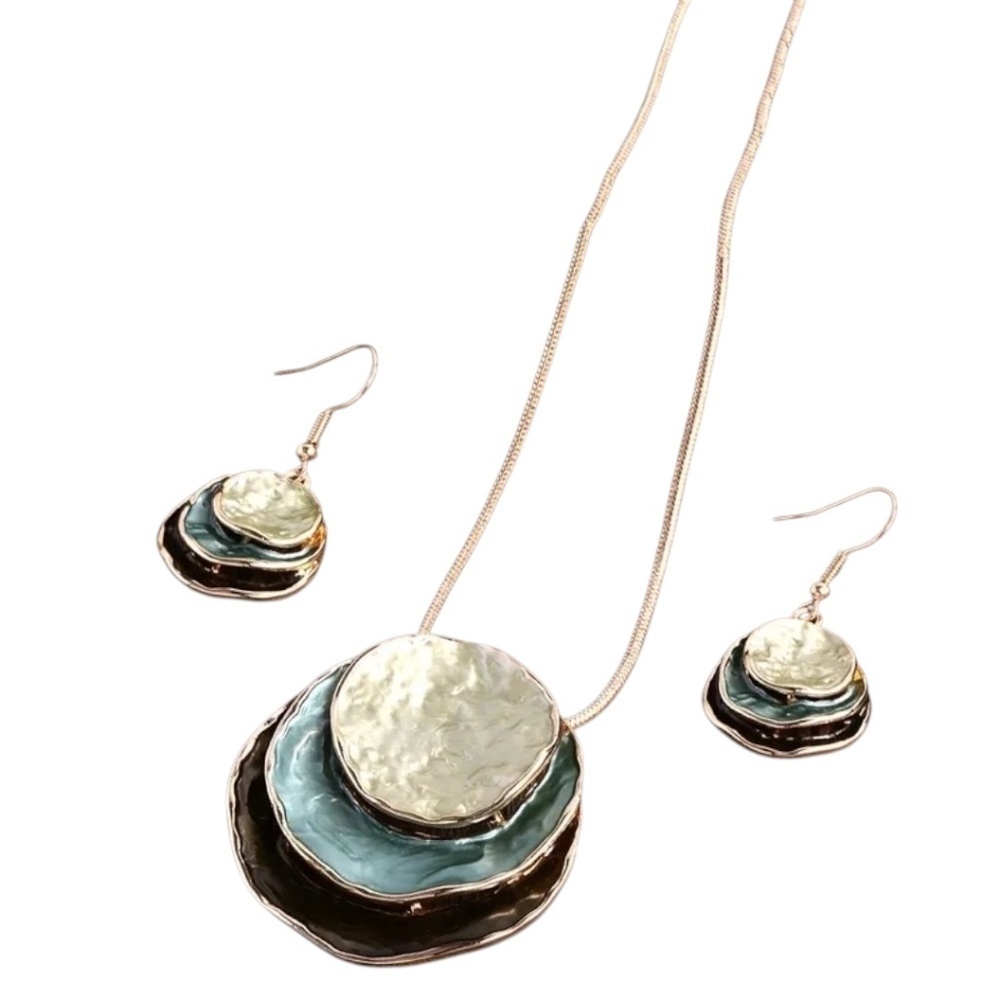 Boho Three Layer Jewelry Necklace and Earrings Set Circular Teal